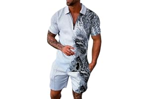 riou Chandal Hombre Completo Verano 2024 Color SóLido Vintage Traje de Moda para Correr Polo Camiseta de Manga Corta Estampada + Pantalones Cortos Ligero y Transpirable Chándal