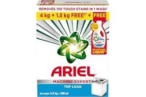 Ariel Matic Machine Expert Detergent Powder Top Load - 4Kg + 1.8 Kg + 500ml Liquid free Removes 100 Tough Stains in 1 wash Specially Designed for Washing Machines Fresh Fragrance