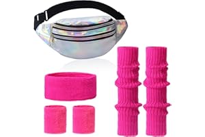 Clundoo 80er Jahre Outfit Damen Bauchtasche Neon 90er 80er Jahre Outfit Damen Set mit Bauchtasche Damen, Stirnband, Beinwärmer, Handschuhe für 80er 90er Kostüm Party Fasching Karneval (Rosarot)