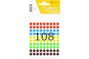‎TOPSTICK TopStick 1351 Punktaufkleber Klebepunkte bunt, 540 Stück, Ø 8 mm, 108 pro Bogen, selbstklebend, Markierungspunkte für Kalender Planer Basteln, matt, blanko Papier Farbpunkte Aufkleber