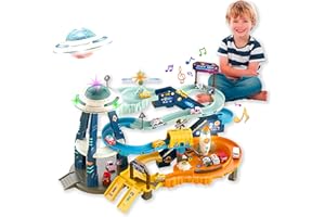 Coo11 3 Story Kids Space Station Electric Parking lot Mars Base Orbit Cars Track Toy, Mars Base Adventure, Kids Play Vehicle Garages with Light & Sound, Car Toy for Kids 3 Years Plus