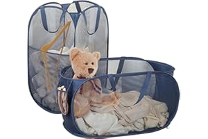 HDAKDDHG Collapsible Laundry Baskets 2 PCS Pop Up Laundry Hampers with Handles and Side Pocket, Large Mesh Foldable Washing Basket Lightweight Portable Laundry Basket for Clothes Tidy Storage
