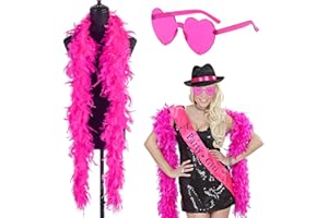 EDLMKM 1 Set Hot Pink Feather Boa 2M and Heart Rimless Sunglasses, Turkey Boa Feathers for Halloween, Christmas, Carnival, Concert, Cosplay, Bachelor Party, Wedding Centerpieces, Party Decorations