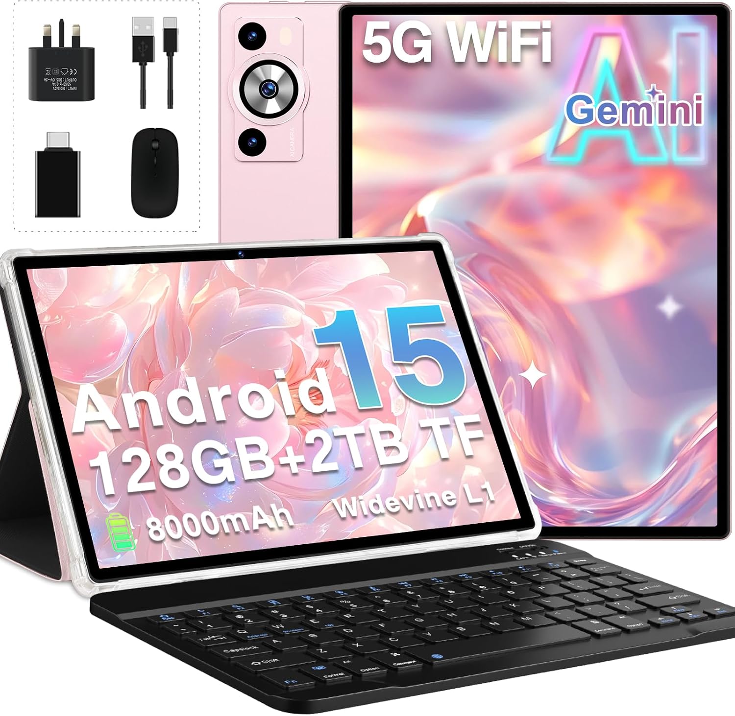 2026 Tablet 10 Inch Android 15 with Gemini AI, 30GB RAM+128GB ROM(TF 2TB), GMS, 8000mAh, Face ID, Octa Core 2.0GHz/BT5.0/GPS/Widevine L1/8MP+5MP/Widgets/5G WiFi Tablet with Keyboard & Mouse - Gold