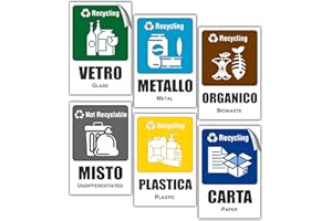 EVM Set Adesivi in PVC Morbido, 6 pz. Impermeabili, Lavabili per Raccolta Differenziata Riciclaggio rifiuti Italiano e Inglese (10 x 15 cm)