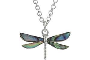 Kiara Jewellery Ważka wisiorek naszyjnik inkrustowany naturalnym zielonkawym niebieskim muszlem Paua Abalone na 45 cm łańcuszku śladowym. Nie matowieje srebrny kolor rodowany.