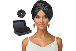 EXGOING Adjustable Silk Bonnet for Sleeping Women & Men | Silk Hair Wrap Sleep Cap Prevents Frizz & Hair Breakage | Hair Bonnet for Curly, Long & Natural Hair with Scrunchie Gift Box (Black)