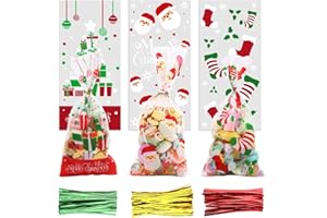 VEYLIN Noël Cellophane Treat,120 sacs de sucreries claires avec 150 cravate Twist pour les fournitures de fête de Noël, 3 Styles