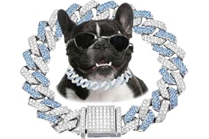 HOTLION Blue Dog Chain, Diamond Cuba Link Dog Collar Metal Dog Necklace Cat Chains Pet Crystal Collars Jewelry for Small Medium Large Dogs Cats, 8-inch