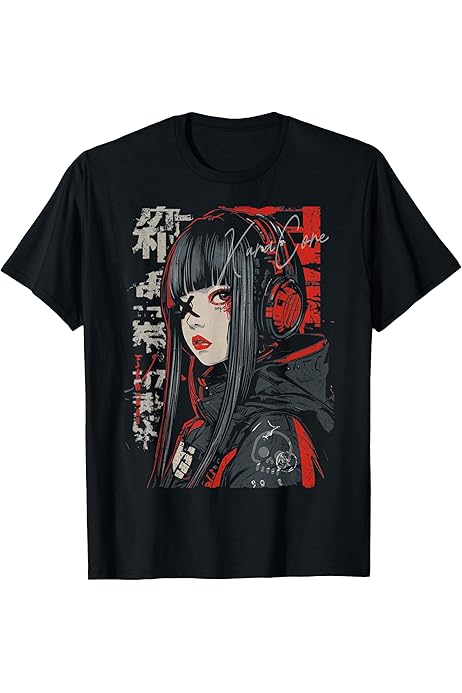 KuraCore Japan Streetwear T-Shirt - Cyberpunk Y2K Manga Design Unisex Schwarz