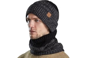 HHOOMY Winter Warm Hat Scarf Gloves Set – Beanie Knitted Hat Neck Snood & Gloves Soft Fleece Inner Lining Skull Cap for Men Outdoor Sports Activities Best Gift