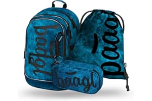 Baagl Schulrucksack Set Jungen 3 Teilig, Schultasche für Grundschule Volksschule, Grundschule Ranzen mit Brustgurt, Ergonomischer Schulranzen (Ocean)