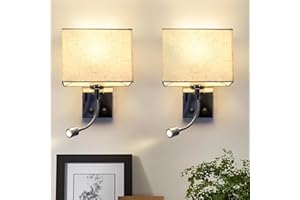 ZMH 2ER Applique murale 2 en 1 avec bras de lecture réglable et lampe de à coucher LED moderne avec interrupteur Blanc abat-jour en tissu E27 Applique murale pour hôtel chambre