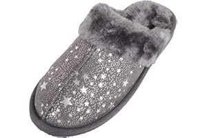 ABSOLUTE FOOTWEAR Childrens Kids Girls Slip On Open Back Faux Fur Mule Slippers with Star Design