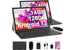 GOODTEL 2024 Newest Tablet 10 Pulgadas 14GB RAM + 128GB ROM (1TB TF), Android 13 5G + 2.4G WiFi, Cores 2.0Ghz, GPS, Bluetooth 5.0, 8MP + 5MP, Type C, OTG, Cast, Tablet PC con Funda, Teclado e Ratón - Oscuro