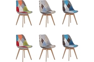 HJhomeheart Set di 6 sedie da pranzo in tessuto patchwork con cuscino del sedile e gambe in legno massello per sala da pranzo, soggiorno, cucina, ecc. (Rosso+Blu+Marrone patchwork)