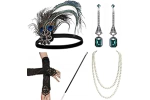 E EBETA Année 20 Accessoires Gatsby Costume Bandeau Collier Perles des Boucles d'oreilles Gants Porte Cigarette Charleston Accessories 1920 Costume (Set-5)