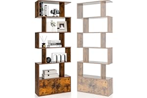 HOMASIS Libreria Scaffale a 5 Livelli, Libreria Verticale, Divisorio per Stanza, Armadietto con 2 Ante, Scaffale Salvaspazio e Multiuso per Soggiorno, Camera da Letto, 70 x 23 x 183 cm (Marrone)