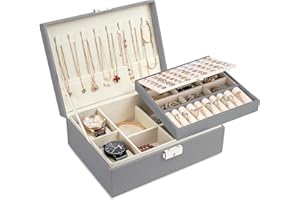 Moseem Jewellery Box Organiser for Women Girls,2-Layer Large Jewellery Organiser Box with 2 Watch Pillows,Removable Tray,PU Leather Jewellery Boxes for Earrings Rings Necklaces Watches Bracelets,Grey