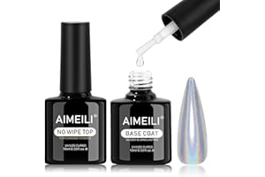 AIMEILI Base y Top Coat Semipermanente, Capa Superior y de Base Para Cromo Espejo UV LED Soak Off Gel Coat Para Chrome Mirror Nails Metallic Gel Nail Polish Salon Home DIY Manicura, 2 x 10ml