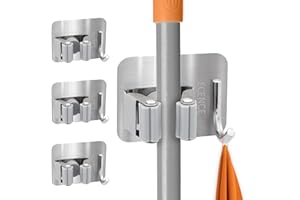 ECENCE Zestaw 4x uchwytów na narzędzia z haczykami w kolorze srebro Uchwyt na miotłę uchwyt ścienny do kuchni pomieszczenia gospodarczego łazienki uniwersalny uchwyt szybkozłączką