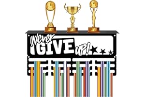 CREATCABIN Colgador Medallas Estante Trofeos Soporte Medallas Soporte Estante Nunca Te Rindas Deportes 4 fila Soporte Pared para Colgar Metal Sostiene Más 70 medallas para Competición Danza 40x20x10cm