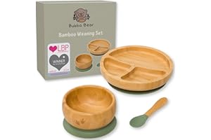 Bubba Bear Zestaw do odstawienia od piersi, bambusowe talerze, miski i łyżki dla małych dzieci, zestaw talerzy z przyssawkami, miski i łyżki dla niemowląt od 6 miesięcy, opcjonalnie pasujący śliniak