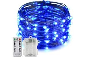 ER CHEN Erchen Battery Operated LED String Lights, Dimmable 33 FT 100 LED Ultra Thin Waterproof 8 Modes Timer Copper Wire Fairy Lights with 13 Key Remote Control for Indoor Outdoor Christmas Party (Blue)
