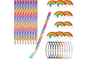 FORHOME Zestaw 30 tęczowych ołówków, tęczowe kredki dla dzieci, 10 tęczowych kredek, 10 tęczowych gumek do ścierania, 10 bransoletek przyjaźni w kształcie serca, trójkątne kredki do kolorowania, szkicowania