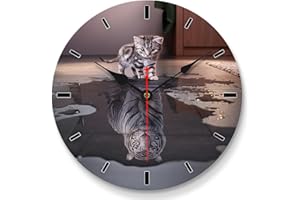 VIKMARI 8 Inch Quartz Movement Silent Non-Ticking Wooden Wall Clocks Cat and Tiger Pattern Round Clock for Kitchen Study Office School Bathroom Living Room Decorations