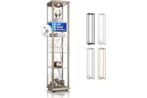 K-Möbel Vitrina de Sonoma (176x37x33cm) con 4 estantes de Cristal Regulables en Altura, Espejo, Cerradura, LED - Vitrina para Modelos - Vitrine de Haya de coleccionista