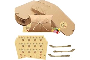 DAGORD 100 Piezas Cajas de Regalo Almohada + 120 Piezas Alcomanías de papel "Thank You" + 30m Cuerdas, Cajas Papel Kraft Pequeñas para Fiestas Bodas Chocolates Bolsas de Dulces