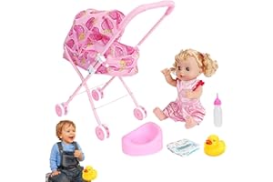 Keptfeet Set Passeggino Baby Doll,Set per Bambole con Accessori per l'alimentazione | Set da Gioco per Bambini con Passeggino per Bambole Neonato Deluxe per Bambini Piccoli