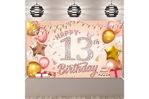 Pinenuts Happy 13th Birthday Banner - Rose Gold Party Decorations Backdrop, Sign Poster Photo Background Fabric Banner for Girls Women, 110 x 180 cm