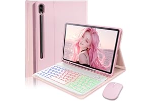MICROTUNK Backlit Keyboard Mouse Case for Samsung Galaxy Tab S10+ Plus / S9+ Plus / S9 FE+ Plus / S8+ Plus / S7 FE / S7+ Plus 12.4-inch with Wireless Bluetooth British Layout Keyboard and Mouse, Pink