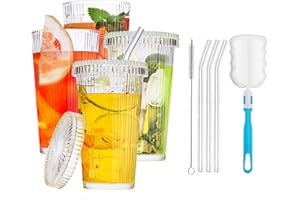 DONGSHANGIFT Żebrowane szklanki z pokrywką i słomką, zestaw 4 sztuk, szklane kubki ze szklaną pokrywką i słomką, kubek do kawy na lód ze szkła z pokrywką, 375 ml, zestaw szklanek do coocktail, whisky, piwa,