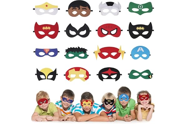 URAQT Masque de Super-Héros, 16 Pièces Masques pour Enfants Dress Up Masque de Super-héros Cosplay pour Cosplay, Masques de Super Héros, Convient pour Les Fêtes d'anniversaire, Halloween