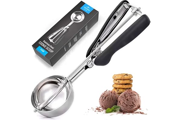 TELANKS Cuillere a Glace Professionnelle 4 ou 5 ou 6 cm, Cuillère à Glace en Acier Inoxydable avec Gâchette et Poignée Confortable pour Boule à Glace, Pâtisserie, Boule à Melon (5 cm)