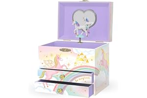 GIGGLE & HONEY Muzyczna szkatułka na biżuterię dla dziewczynek Jednorożec - pozytywka dla dzieci z obracającym się pudełkiem Jednorożec, Jednorożec prezenty urodzinowe dla dziewczynek, szkatułki na biżuterię