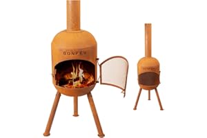 BonFeu BonSolo - Poêle de terrasse en acier - Cheminée de jardin d'extérieur - Avec grille de cuisson - 34 x 34 x 124 cm