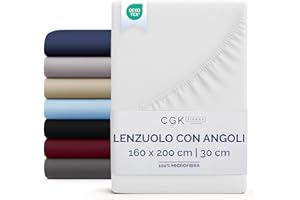 CGK UNLIMITED Lenzuolo con angoli 160x200 Bianco, profondità 30 cm - Lussuoso lenzuolo con angoli - Per materassi fino a 30 cm (12") di altezza - Morbido, senza pieghe e traspirante - 160x200 - singola