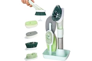 A aBlumen Spülbürste mit Spülmittelspender,Multifunktional Geschirrbürste mit 4 Ersatzköpfen und Halter,Küchenbürste Abwaschbürste Reinigungsbürste Set,Seifenspenderbürste für Topf Spüle Pfanne(Grün)