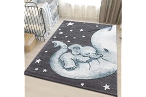 VIVA RUGS Kids Rug Blue Grey Animal Nursery Rugs Elephant SOFT Woven Childrens Bedroom Carpet Baby Play Mat Unisex (Blue Grey White Elephant, 120x170cm (4'x5'6"))