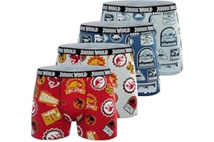 JURASSIC WORLD Bokserki dziecięce 100% bawełna, miękkie, przyjemne i naturalne bokserki chłopięce (zestaw 4) 8 lat/10 lat, Biały/Niebieski/Czerwony/Czarny/Żółty, 8-10 ans