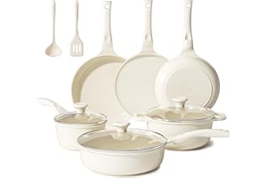 Redchef Set di pentole in ceramica, a induzione, 11 pezzi, a induzione, con coperchio in vetro, senza PTFE, senza PFAS, adatti a tutti i piani cottura, lavabili in lavastoviglie (beige)