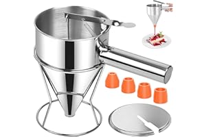 AUROBEST 1200ml Dosatore Pastella con Supporto & 4 Tramogne, Utensili Imbuto Pistone in Acciaio Inox, Distributore Pasta & Impasti, Dispenser Torte per Pasticceria, Pancake, Frittelle, Dessert, Waffle, Muffin