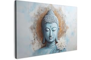 MuchoWow© Stampe su Tela 90x60 cm Foto Quadri Moderni Camera da Letto Canvas Quadro Salotto Decorazione Parete Buddha - Statua - Blu - Marrone - Fiore