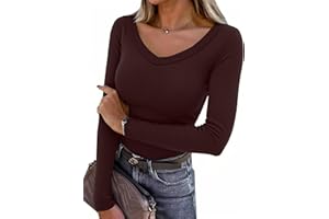 Aottori T-Shirt à Manches Longues pour Femme Col V élégant Haut Décontracté Tee Shirt Tunique Chemises Top Couleur Unie Shirts