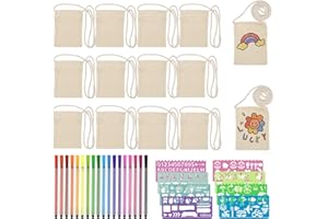 BORISCA 40 Stück Stoffbeutel zum Bemalen Kinder, 14 Beutel zum Bemalen mit 18 Farbige Stifte und 8 Malschablonen, DIY Kleine Schultertaschen für Schulen, Bastelkurse, DIY-Geschenke