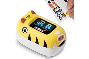 Pulox PO-230 in Gelb, Pulsoximeter für Kinder, mit Klebemuster, Messung von Sauerstoffsättigung und Herzfrequenz